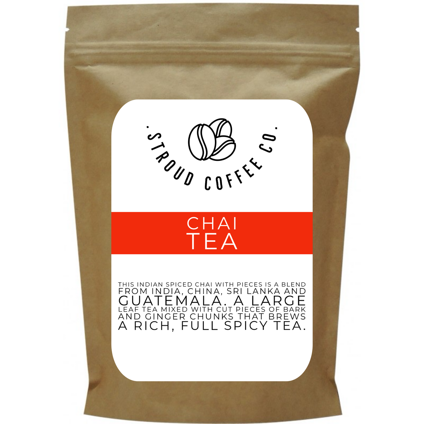 This Indian Spiced Chai with pieces is a blend from India, China, Sri Lanka and Guatemala. A large leaf tea mixed with cut pieces of bark and ginger chunks that brew