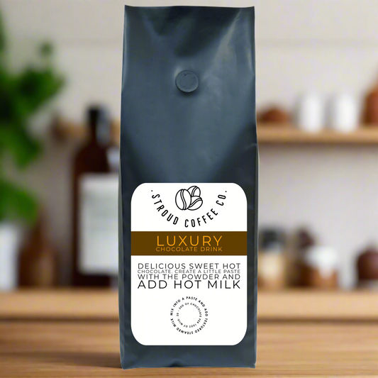 Delicious sweet hot chocolates. Create a little paste with the powder and add hot milk.
Mix into a paste and add steamed or hot milk. 
20-30g of chocolate powder per